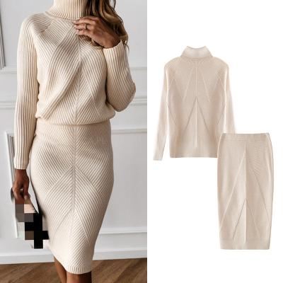 China 2022 Fashion Anti-pilling Winter Bodycon 2 Pieces Ribbed Knitted Wool Sweater Turtle Neck Women Set Elegant Women Female Casual Outfits for sale