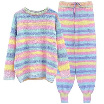 China Factory wholesale custom logo soft women's winter coral fleece anti-pilling pajamas thickened clothing gradient rainbow sweater warm home suit for sale