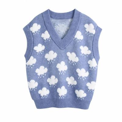 China Custom Autumn Women's Anti-pilling V-Neck Jacquard Sleeveless Sweater Cloud Pattern Soft Cotton Knit Vest for sale