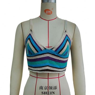 China Factory Custom Summer Anti-pilling Vest Women Sexy Knitted Colorblock Polyester Crop Striped Top for sale