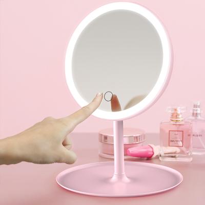 China LED Lighted Lights Smart Vanity Travel Mirror With Touch Screen Switch Round Standing Makeup Mirror Vanity Lights for sale