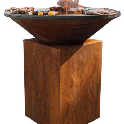 China Stocked Outdoor Garden Rust Corten Steel Firepit BBQ Grill With Ash Drawer for sale