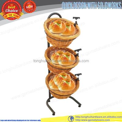 China Shop Shelf 3 Tier Metal Wicker Bread Basket Metal Food Bread Basket Wicker Shop Shelf for sale