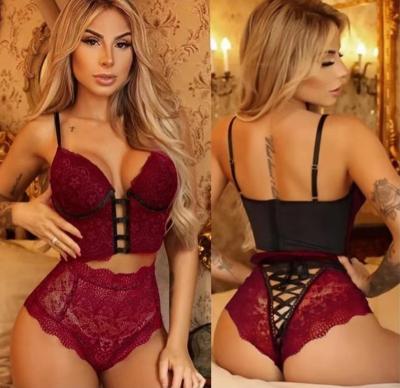 China High quality mature women lace up bra lace briefs lingeries women's sexy thin underwear set for sale