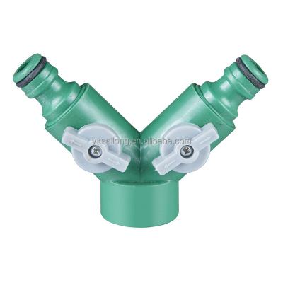 China Irrigation Shape Plastic Hose Garden Y Coupling Connector With Valve Cut Hose Ends for sale