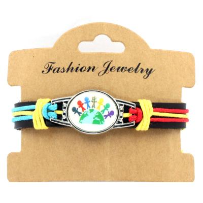 China Custom Logo Autism Earth Bracelet Braided Leather Rope Trendy Fashion Bracelet for sale