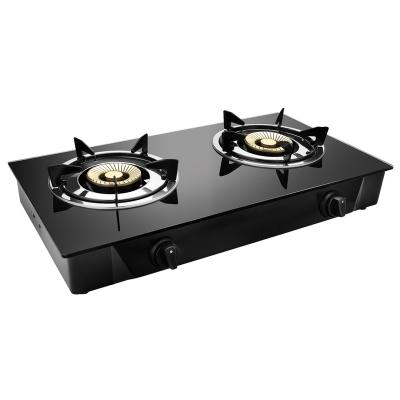 China Benchtop Classic Tempered Glass Hotel Home Cook Head Black 2 Burner Gas Stove Top Cooking Stove for sale