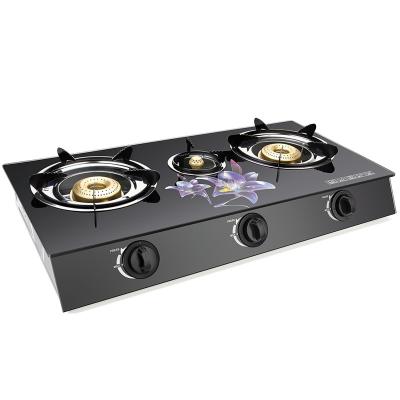 China Wholesale Glass Three Burner Desktop Household Fire Kitchen Gas Stove Automatic Rotary Cooker for sale