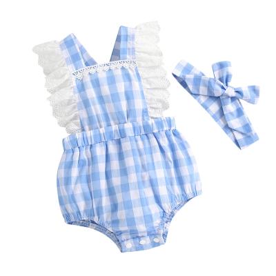 China Eco-friendly Cute Blue Plaid Lace Slap Baby Romper Clothes Newbornn Girl for sale