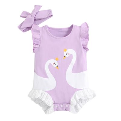 China Eco-friendly Style Swan Hot Pattern Flared Sleeves Summer Baby Jumpsuit Baby Rompers 100% Cotton for sale