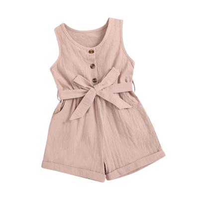 China Hot Sale Breathable Three Colors Bow Belt Girl Kids Summer Boutique Sleeveless Cute Romper 100% Cotton Romper Suit for sale