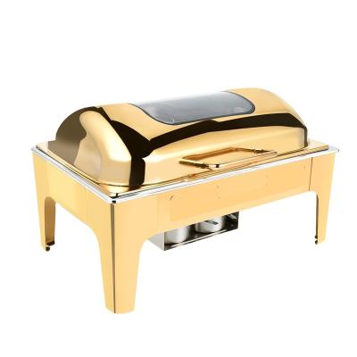 China 201 Stainless Steel Restaurant Catering Food Serving Rectangular Beetle Non-Electric Stainless Steel Food Warmer Wedding Chafing Dish in Gold for sale