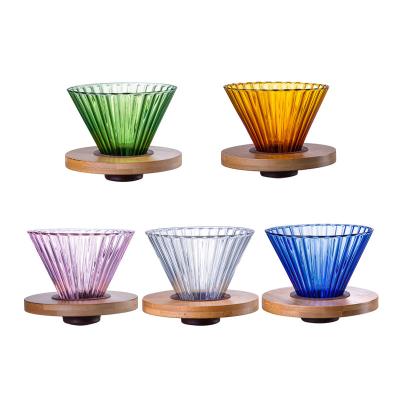 China Viable Colored Glass Coffee Filter With Wooden Tray 1-4 Cups Coffee Maker Removable Bottom Glass Filter for sale