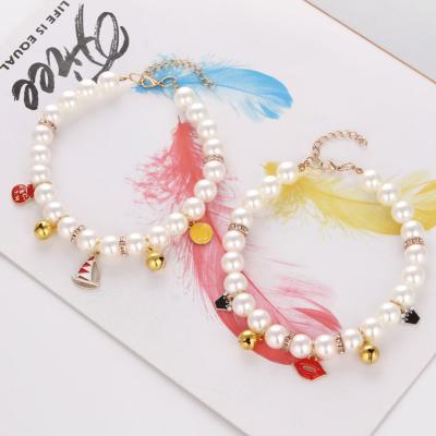 China Wholesale Cute Pet Jewelry Cat Collar New Pet Products Pet Bell Necklace Viable Handmade Pearl Necklace for sale