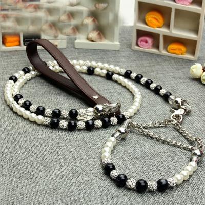 China Wholesale Luxury Black And White Pet Viable Products Pearl Beads Dog Cat Leash Set for sale