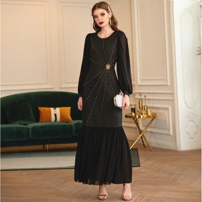 China New Middle East Fashion Black Lace Muslim Lantern Yarn Sleeve Abaya National Dress Sleeveless Long Long Dress Large for sale