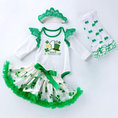 China MIA 4pcs/set Longsleeve Babies Overalls With Bubble Skirt Dress Baby Shoes Gaiters Green Headband My 1st St Patricks Day Rompers Dress for sale