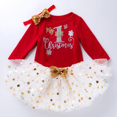 China MIA My Star Chiffon Tutu Dress Sleeve Romper Hot Stamping Red Baby 1st Christmas Long Romper Anti-Shrink Dress for sale