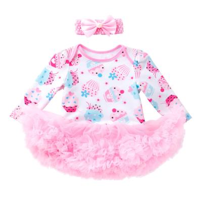 China MIA Cute Babies Birthday Anti-Shrink Romper With Crochet Hair Band Cake Design Long Sleeve Baby Birthday Dress for sale