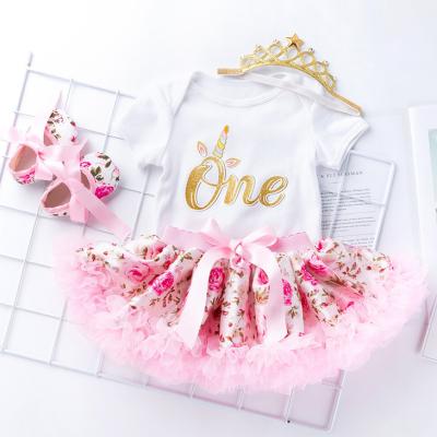 China MIA Cute 1st Birthday Anti-Shrink Rompers With Rose Floral Bubble Skirt Stylish Baby Shoes 4pcs/set Baby Romper 6-9 Months for sale