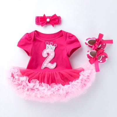 China MIA 3Pcs/set Design Anti-Shrink Rompers Set Chiffon Dresses For 2years Old Baby Hot Pink Birthday Rompers For Baby for sale