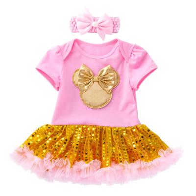 China MIA New Valentine's Day Patch Baby Romper Dress Hot Stamping Gold Anti-Shrink With Headband Girl Pink Rompers Baby 3-6 Months for sale