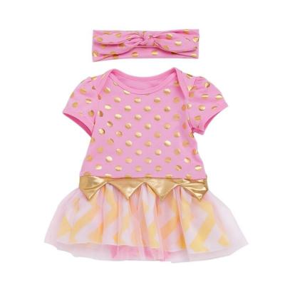 China MIA Pink Cotton Romper Toddler Gold Stamping Anti-Shrink Romper for 2t Toddler Girls with Headband Baby Short Sleeve Dress for sale