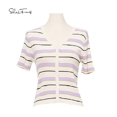 China Sustainable Short Sleeve V-Neck Women Knitted Striped Pullover Sweater for sale