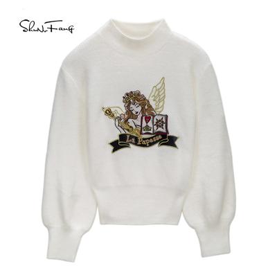 China 2021 Spring Sweater Seahorse Base Sweater Loose Cashmere Women's Round Neck Embroidered Sweater White Viable Sweater for sale