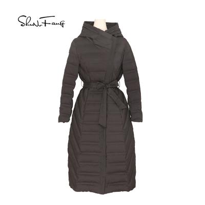 China Shunvfang Waterproof Women Coats Ladies Long Duck Down Coats For Winter With Hood And Matching Color Belt for sale