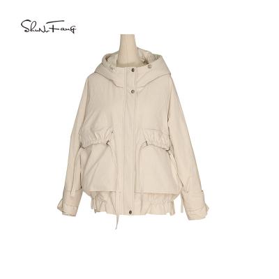 China Shunvfang raincoat OEM wholesale women's down coats long shiny hat stripper coat jacket women for sale