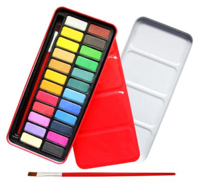 China Solid Cake Watercolor Paint Cheap Professional Solid Watercolor Paint Set 24 Box Red Cake Solid Colors Metal Watercolor Paints With Brush for sale