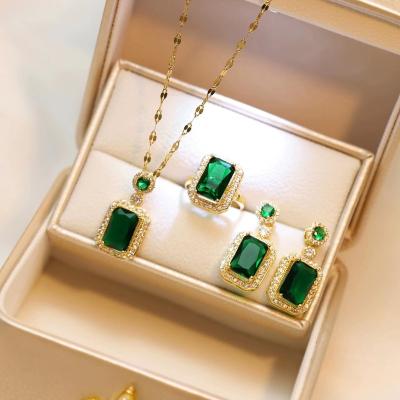 China CLASSIC geometric inlay out of Zircon Crystal Earrings Stainless Steel Shiny Emerald Square Pendant Necklace Jewelry sets for sale