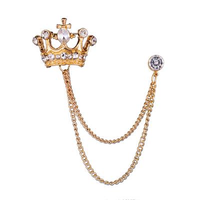 China JY Fashion Brooch Vintage Elegant Crystal Crown Chain Pin For Mens Jewelry Suits Accessories Lapel Badge Brooch Pin for sale