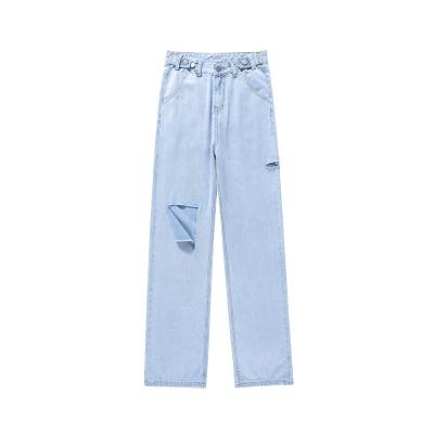 China 2022 New Spandex/Cotton Custom Light Color Pierced Jeans Women's Tencel High Waist Thin Loose Leg Pants for sale