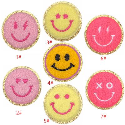 China Iron On Patches Hot Sales Pink Yellow Gold Color Edge Iron On Towel Smile Face Chenille Embroidered Patches For Bag Clothes for sale