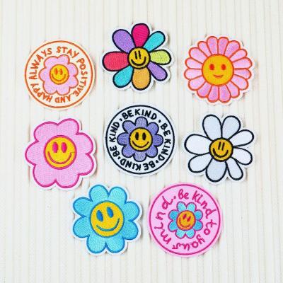 China Iron On Patches Wholesale Stock Colors Iron On Embroidery Smile Sunflower Badge Patches For Kids Clothes for sale