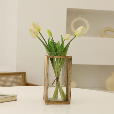 China Modern Creative Glass Vase Flower Stand Clear Glass Vase Flower Stand Solid Wood Wooden Vase for sale