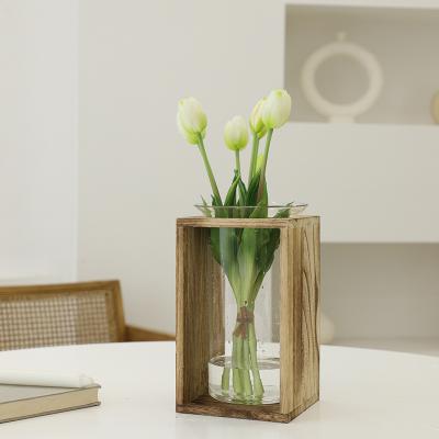 China Wholesale Modern Simple Creative Glass Vase Solid Wood Flower Stand Transparent Wood Vase for sale