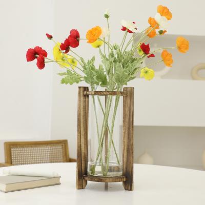 China Handwork Modern Transparent Hydroponic Glass Vase Decoration Desk Triangle Wooden Vase for sale