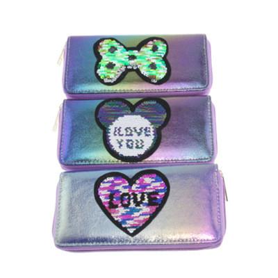 China Custom Wallet Tik Tok Purse Print Factory Sale Bow Patch Laser Sequin Waterproof Direct Long PU Purse for sale