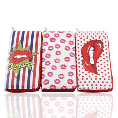 China Custom Made PU Long Waterproof Wallet Ladies Lip Pattern Fashion Wallet Card Holder Cross Purse for sale