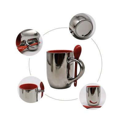 China Wholesale Disposable Ceramic Mugs Silver Mug Heat Transfer Sublimation Mug Electroplating Ceramic Mug With Spoon for sale