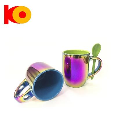 China Disposable high quality cheap price colorful electroplating ceramic cup with spoon for sale