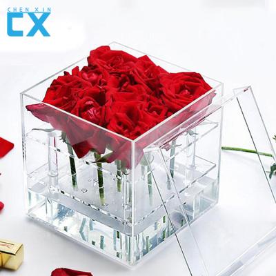 China Eco-Friendly Acrylic Rose Pots Stand Clear - Decorative Square Flower Box Water Vase With Removable 2 Tiers 9 Holes - Valentine's Day for sale