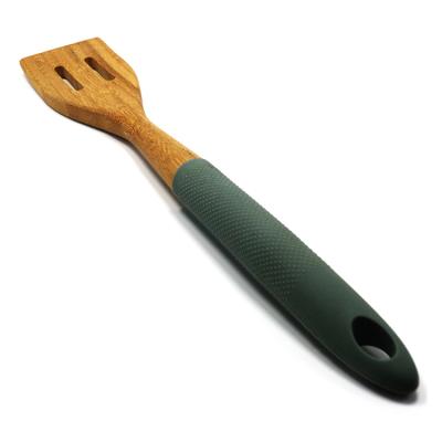 China Kitchen Sustainable Slotted Skimmer Silicone Tool Spoon Handle Bamboo Spatula for sale