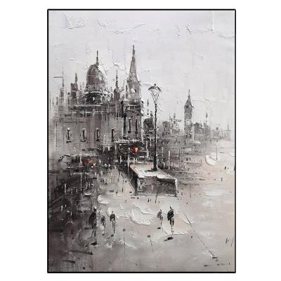 China Modern pure hand-painted urban style architecture landscape black and white gray oil painting wabi-sabi for sale