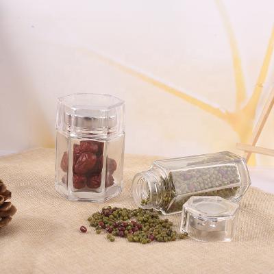 China CANDY High Quality Hexagon 300ml Clear Glass Jar Silver Lid And Cover Glass Acrylic Bottle for sale