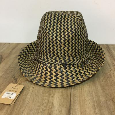 China Wholesale Character Summer Striped Straw Sunhats Woven Pattern Short Brim Roll Up Beach Panama Straw Dome Hat for sale