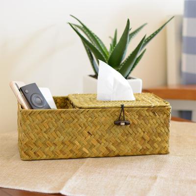 China Great Looking / Light Hand - Woven Straw Tissue Box Multi-Function Desktop Storage Basket Living Room Tissue Holder for sale